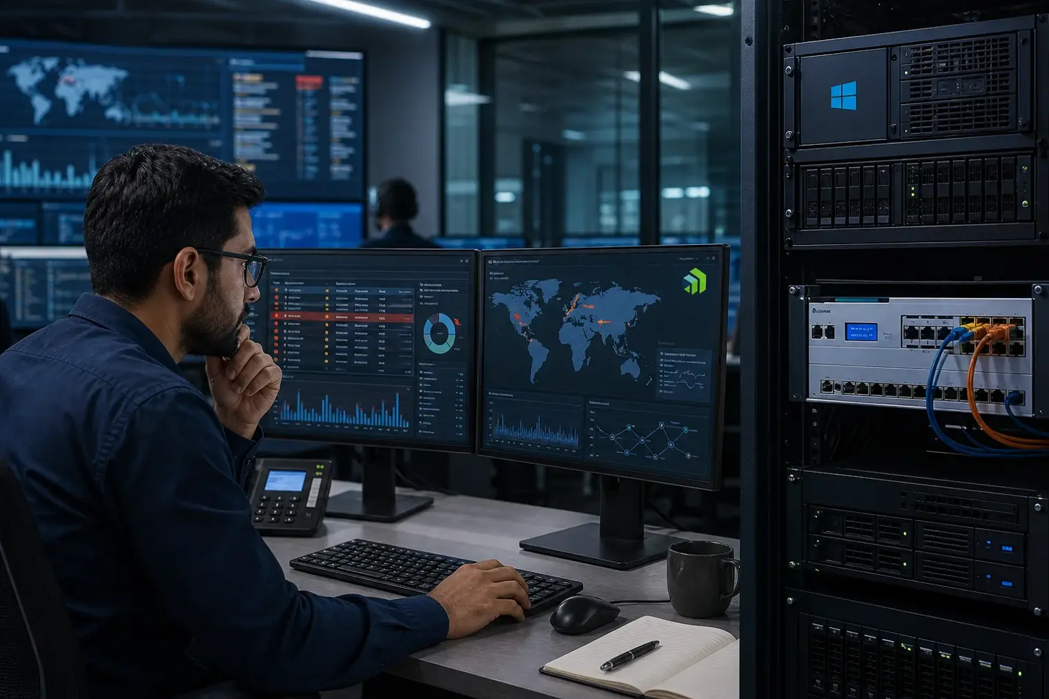 A security operations analyst reviews alerts on monitors beside a rack-mounted server, with the Progress logo visible on a display.