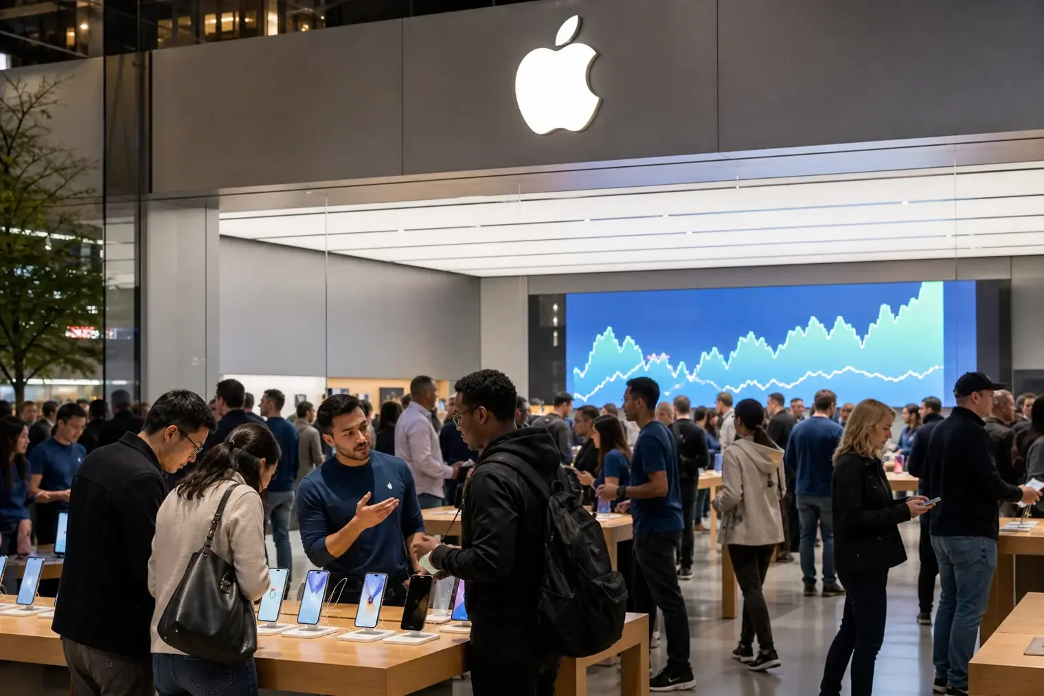An Apple Store interior with customers viewing smartphones and laptops beneath a large illuminated Apple logo.