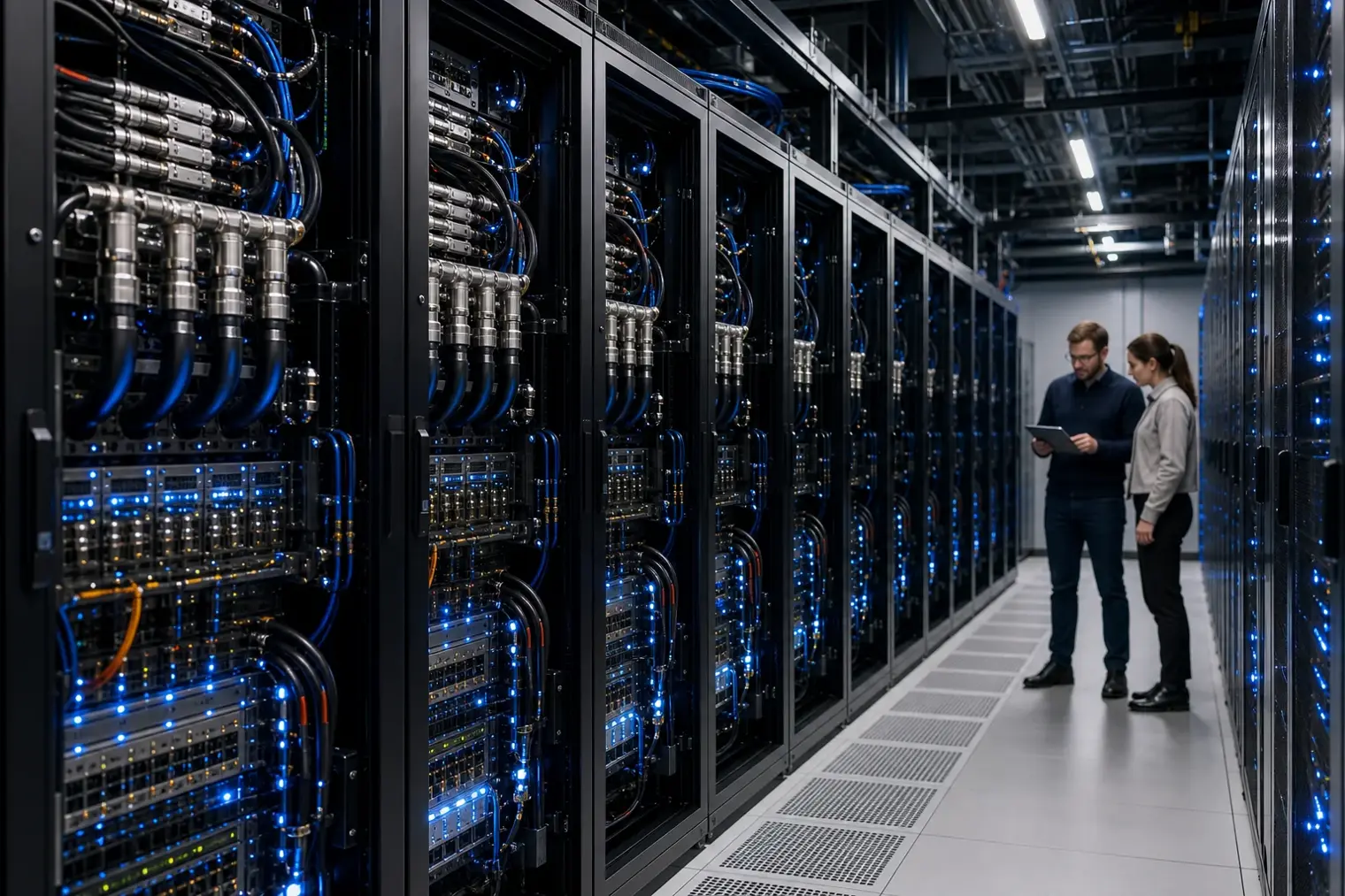 A modern AI data centre with rows of liquid-cooled computing racks and engineers monitoring the infrastructure.