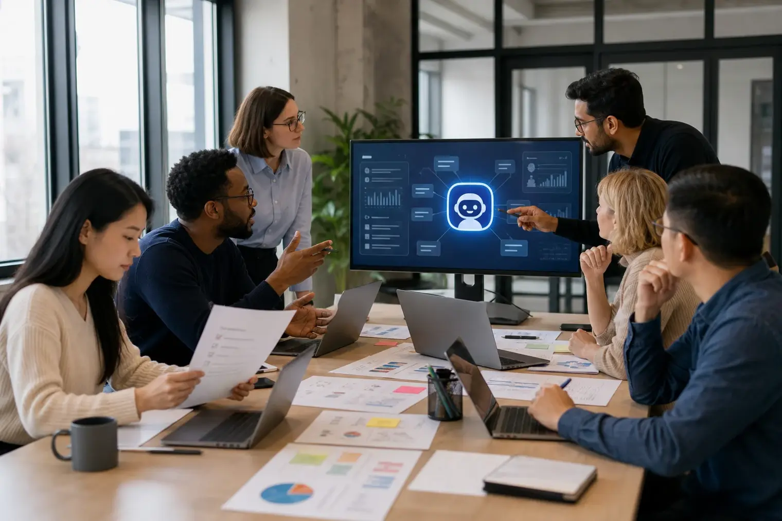 Employees from different business functions collaborate around a table with laptops, workflow diagrams and an AI assistant interface on a monitor.