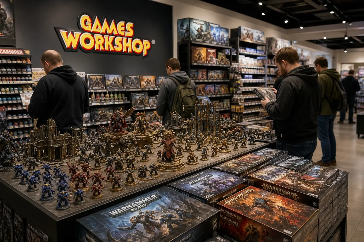 A Games Workshop store interior with painted Warhammer miniatures, hobby paint pots, boxed tabletop products and the Games Workshop logo on a wall display.