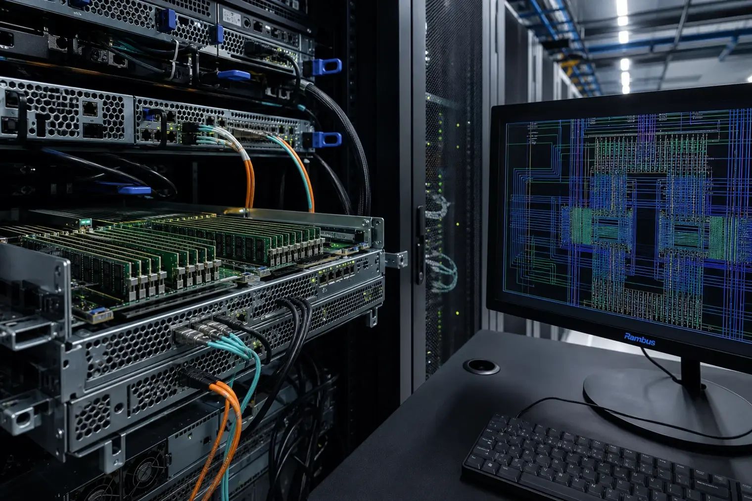 A data-centre server rack with memory modules and high-speed interconnect traces, alongside a Rambus-branded engineering display.