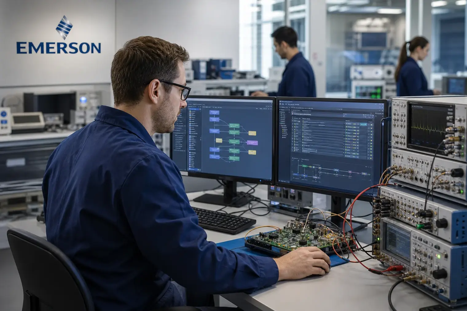 An engineer reviews test software beside modular measurement instruments in an electronics laboratory, with an Emerson logo visible on a wall display.