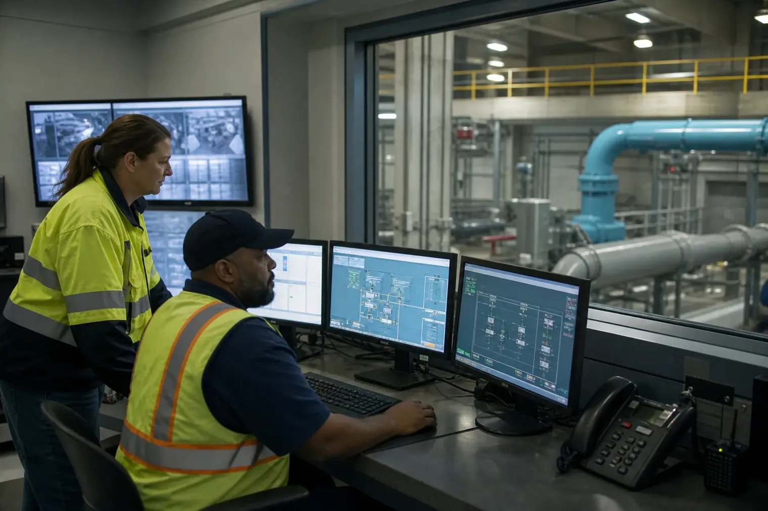 A municipal water treatment control room with operators monitoring industrial screens and pump equipment.