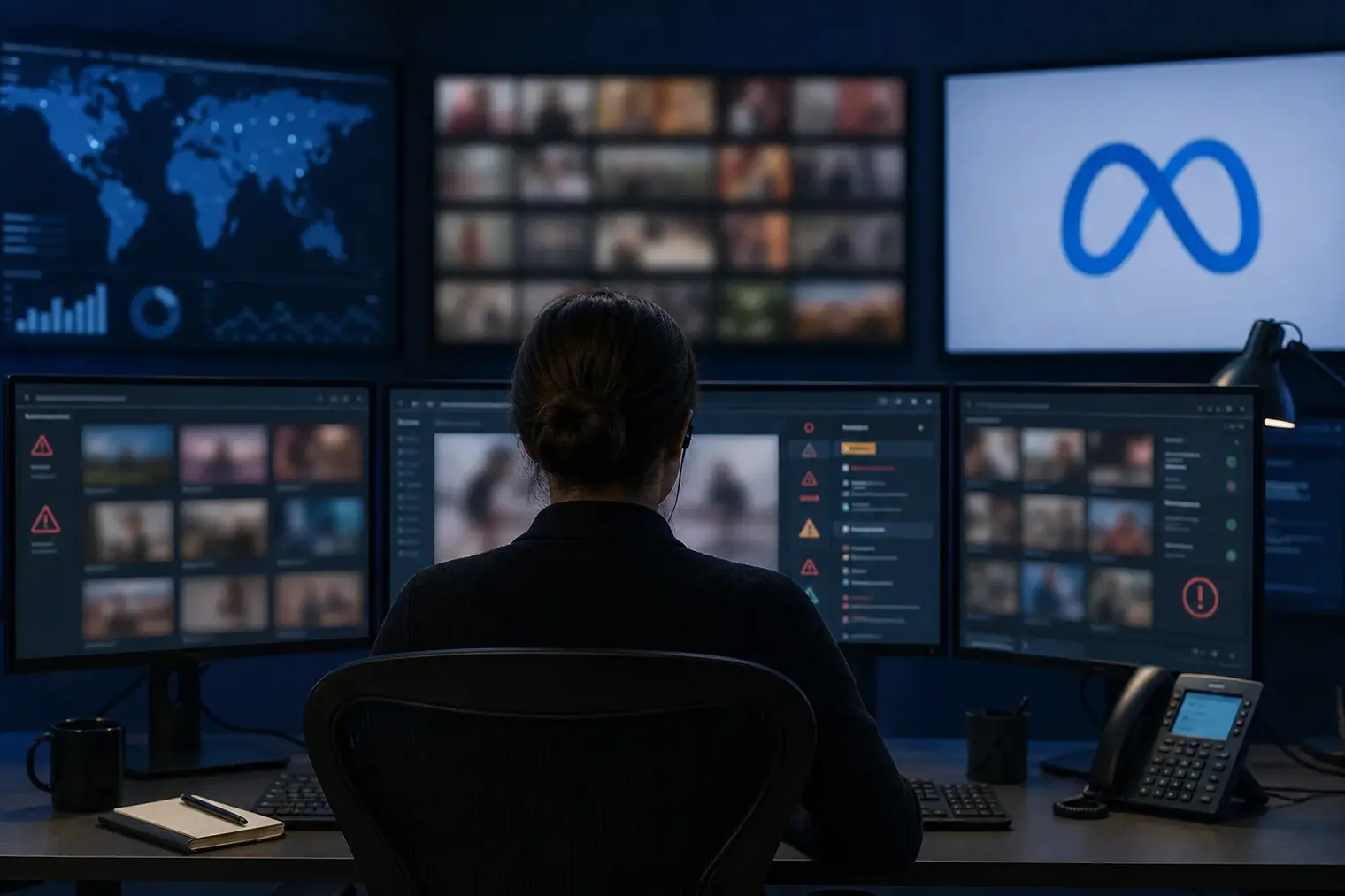 A content moderator reviews blurred advertising tiles on monitors in a newsroom-style control room, with the Meta logo displayed on a separate screen.