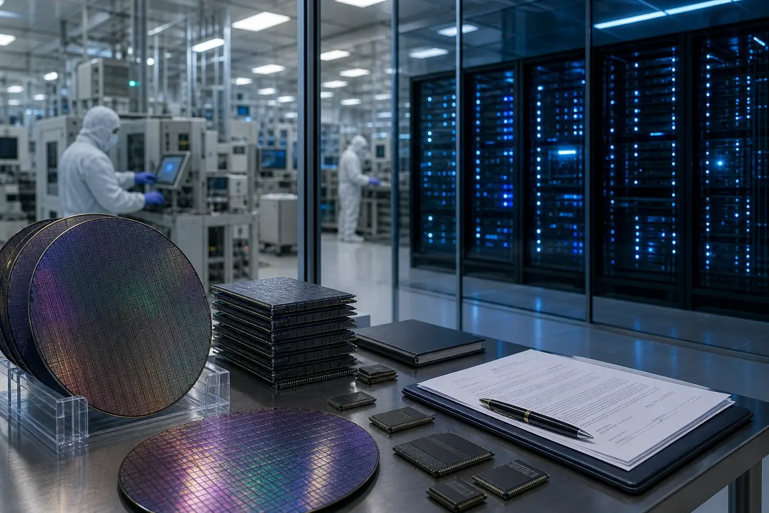 An editorial illustration of a semiconductor memory production line with stacked memory chips, server racks and financial contract documents.