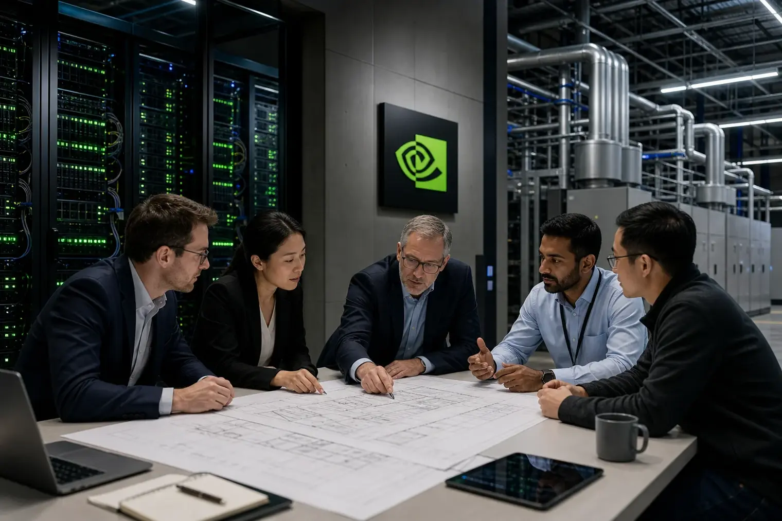 An NVIDIA-branded AI data centre hall with server racks, cooling equipment and financial professionals reviewing infrastructure plans.