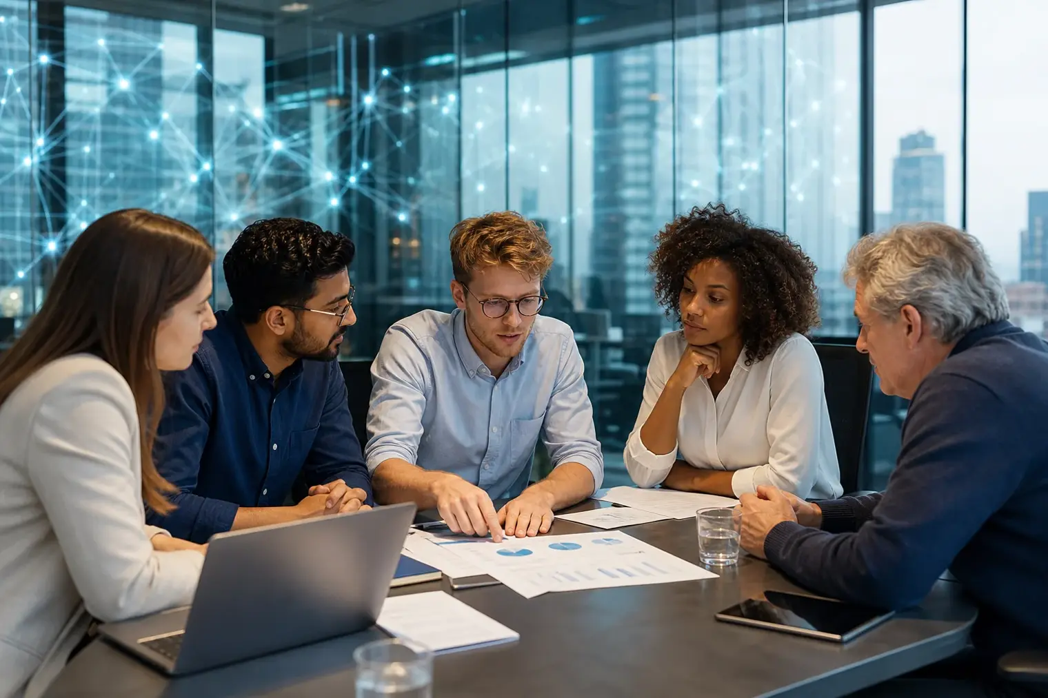 An editorial illustration of technology founders discussing charitable commitments in a modern office, with a city skyline and abstract AI computing imagery in the background.