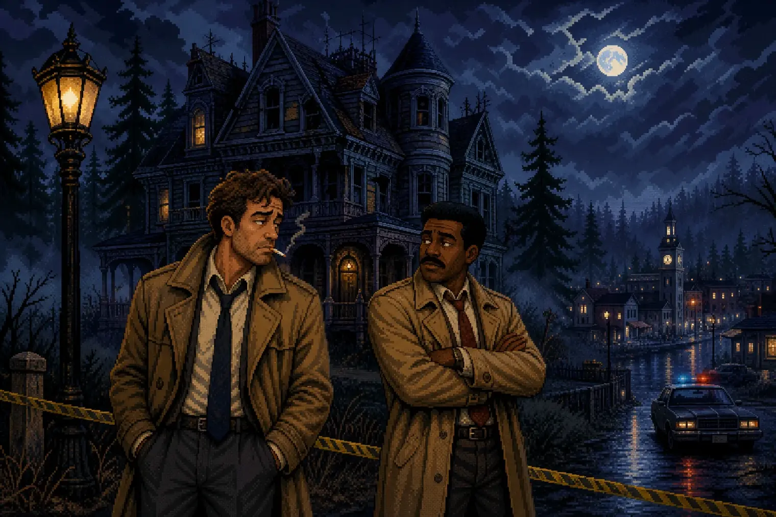 Pixel-art detectives standing outside a gloomy mansion at night in a small surreal American town.