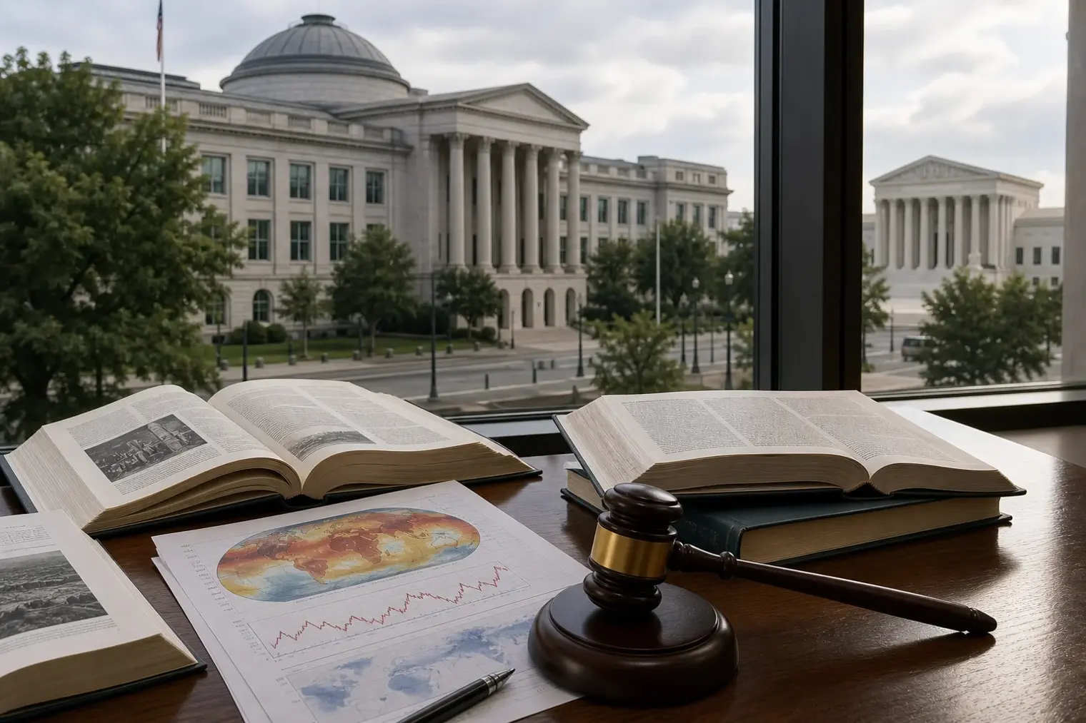 A neoclassical government building in Washington, D.C., with a federal courthouse in the background and legal reference books on a desk.