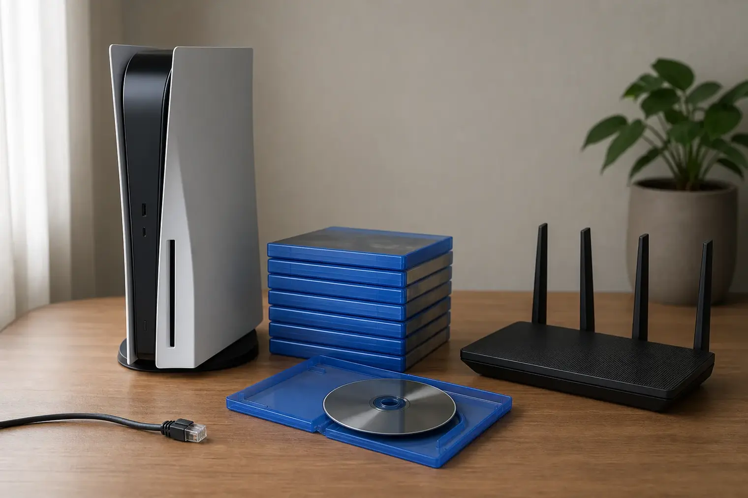 A game console beside a stack of unlabelled physical game cases and an unplugged network cable on a desk.