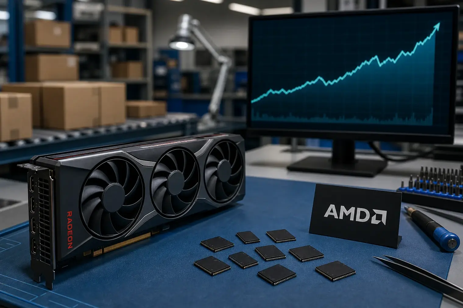 An AMD Radeon graphics card on an electronics workbench beside GDDR6 memory chips and a price chart on a monitor.