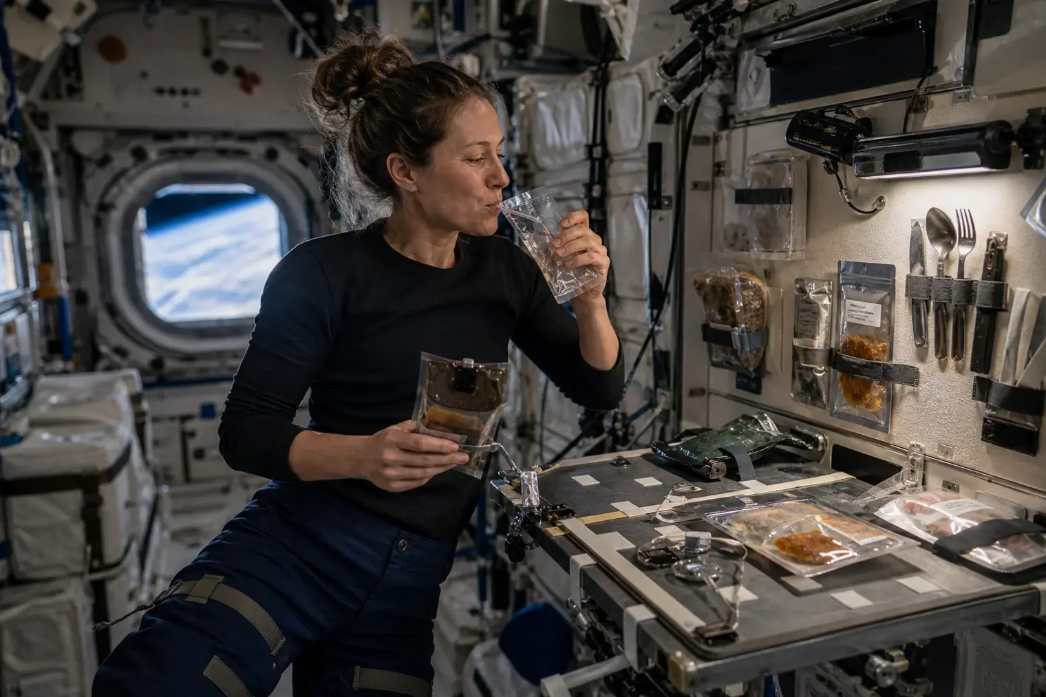 An astronaut floating at a meal station inside a spacecraft, drinking from a sealed pouch and holding a secured food container.