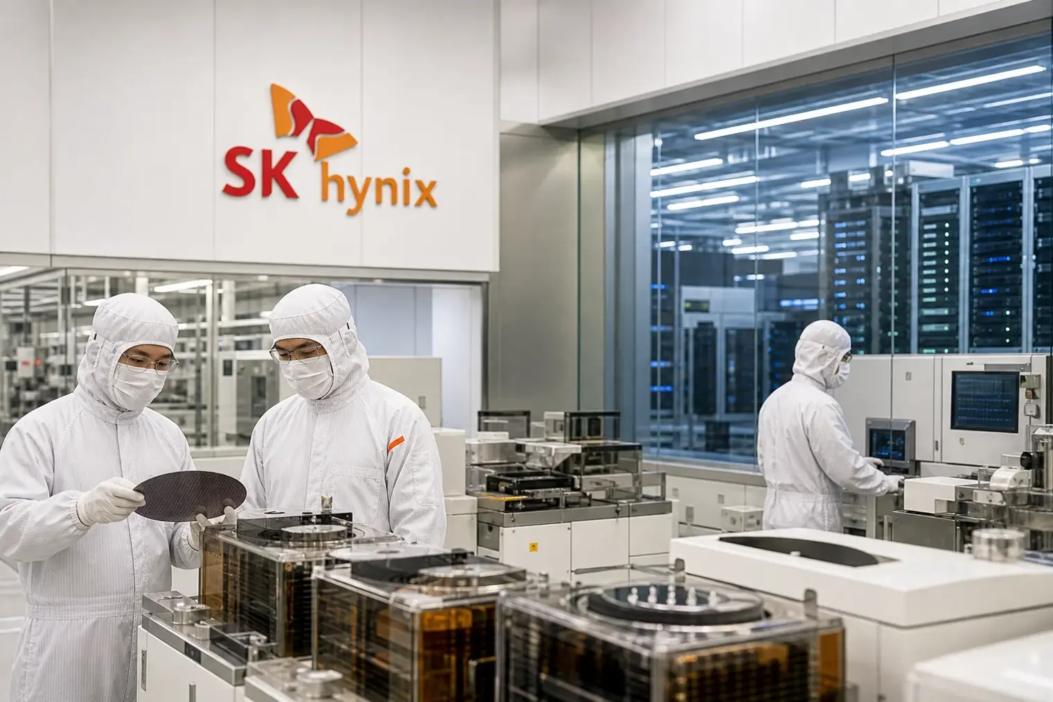 A modern semiconductor fabrication cleanroom with engineers beside wafer-processing equipment and an SK hynix logo on a wall panel.