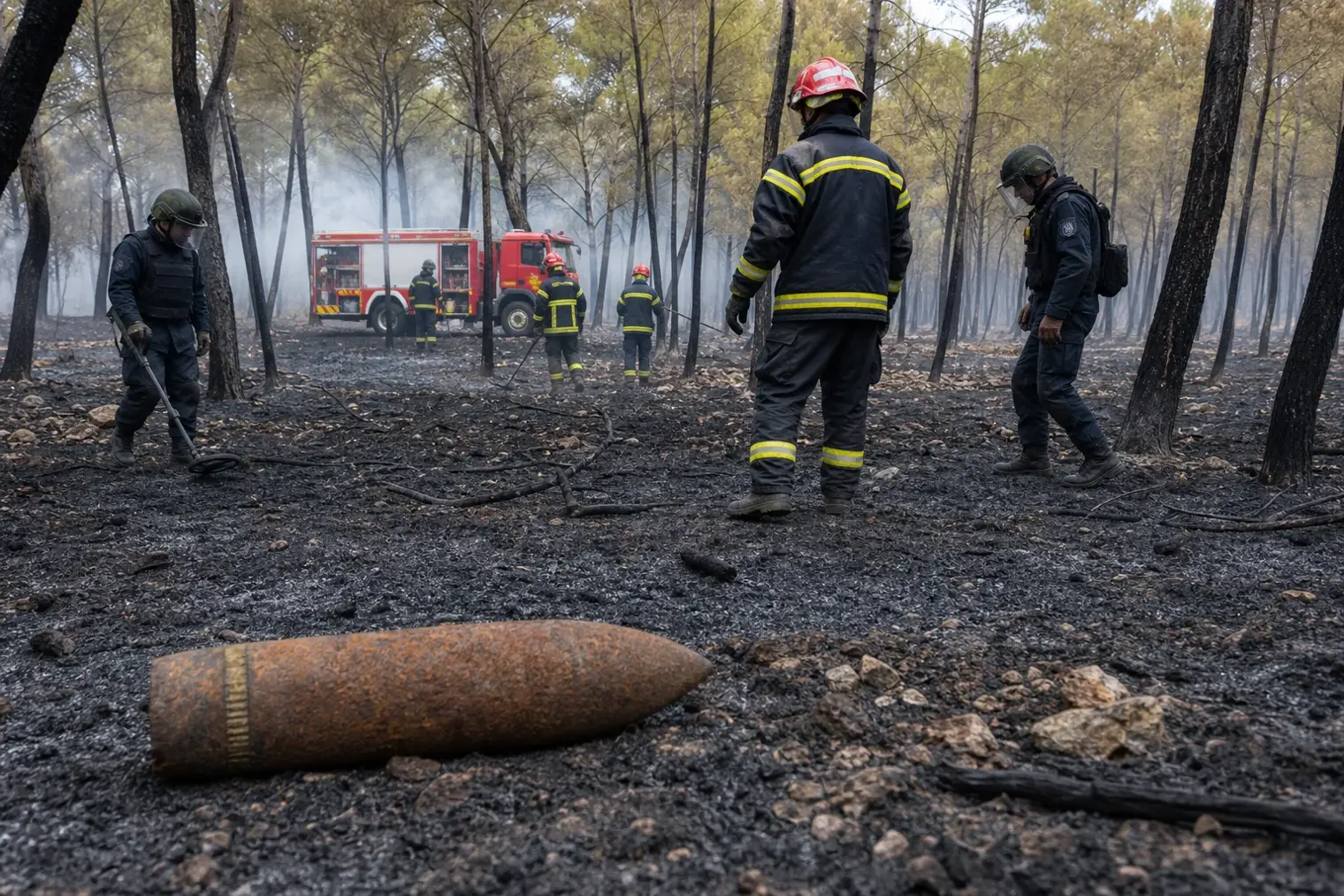 Bomb-disposal specialists and firefighters assess burned pine woodland near a marked unexploded shell in south-western France.
