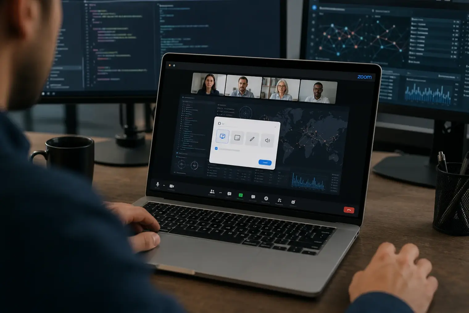 A laptop displaying a video meeting screen-share interface with permission controls, alongside a Zoom logo.
