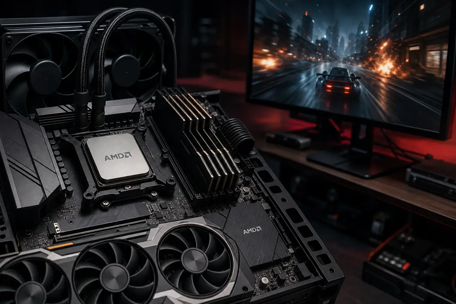 Editorial illustration of an AMD processor on a motherboard beside a gaming monitor, with the AMD logo visible.