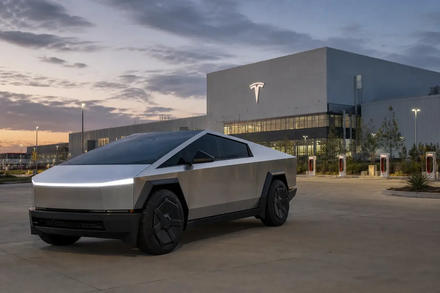 A Tesla Cybertruck parked outside Tesla’s Texas factory, with a small Tesla logo visible on the building.