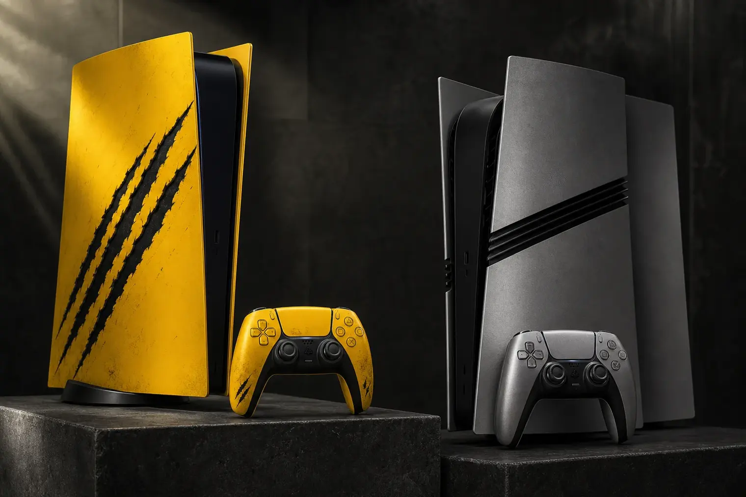 A yellow PlayStation 5 Digital Edition console and matching Wolverine-themed DualSense controller displayed with metallic grey alternative accessories.