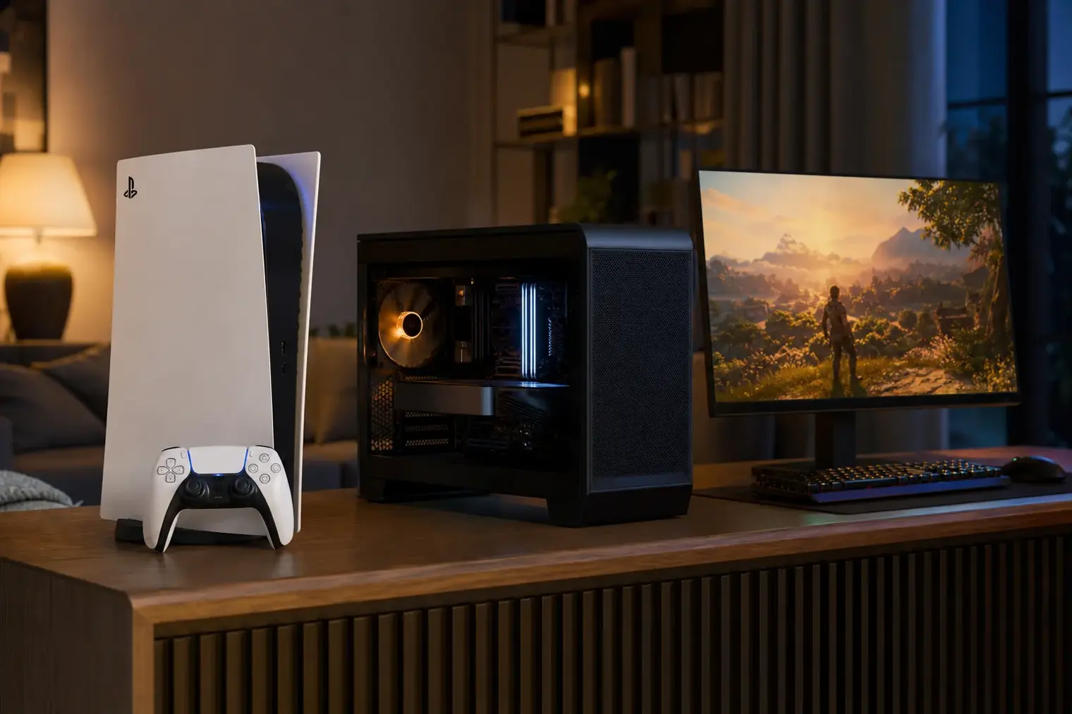 A PlayStation 5 console and controller beside a gaming desktop PC with a monitor in a modern living room.