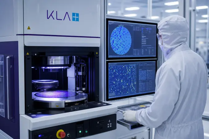 A semiconductor engineer monitors a wafer inspection system in a cleanroom, with KLA equipment and the KLA logo visible.