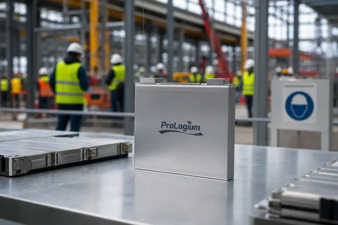 A ProLogium-branded solid-state battery cell displayed in the foreground of a modern battery manufacturing facility under construction.