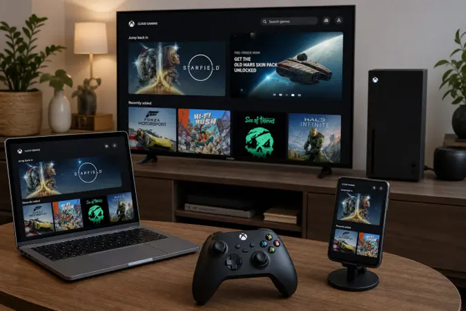 An Xbox cloud gaming session displayed on a television, laptop and smartphone in a modern living room, with an Xbox console and controller nearby.