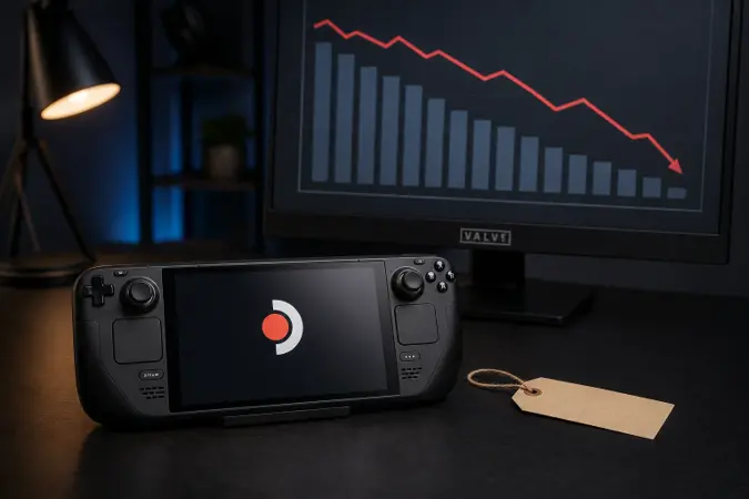 A Valve Steam Deck OLED handheld resting on a desk beside a price tag and a chart on a computer monitor, with the Valve logo visible.