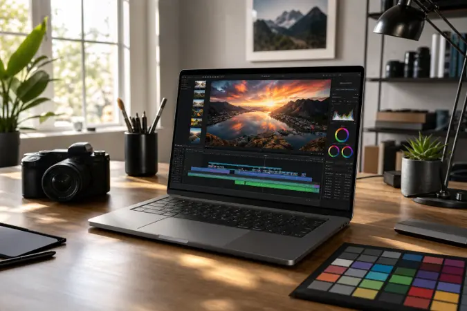 A premium laptop with a bright OLED display showing an HDR video-editing scene in a sunlit studio workspace.