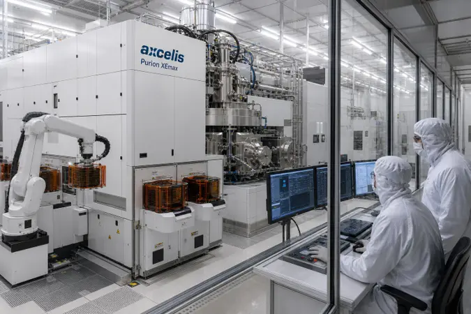 An Axcelis Purion XEmax ion implantation system in a clean semiconductor fabrication facility beside wafer-handling equipment.