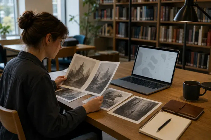 A reader compares printed fantasy story pages beside a laptop displaying an abstract AI writing interface in a quiet library.