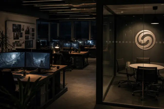 A quiet game development studio with workstations, horror-game concept art and the Supermassive Games logo on a wall.