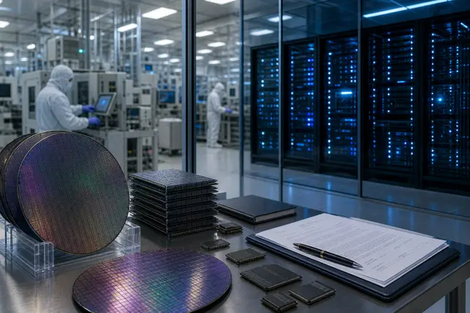 An editorial illustration of a semiconductor memory production line with stacked memory chips, server racks and financial contract documents.