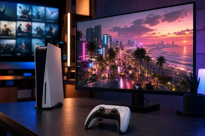 A modern games console controller beside a city-at-night display inspired by a fictional coastal metropolis, with pre-order confirmation screens blurred in the background.