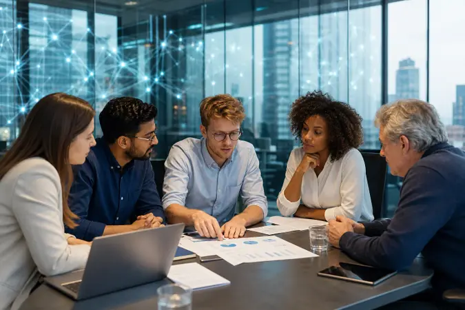 An editorial illustration of technology founders discussing charitable commitments in a modern office, with a city skyline and abstract AI computing imagery in the background.