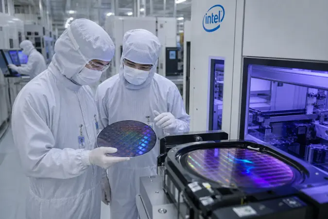 A clean-room semiconductor manufacturing facility with Intel equipment, engineers in protective suits and the Intel logo visible on a wall panel.