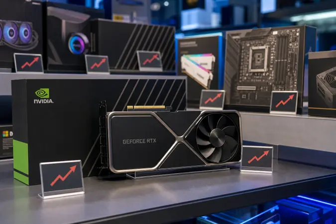 A high-end Nvidia GeForce graphics card on an electronics retailer counter beside price labels and boxed PC components.