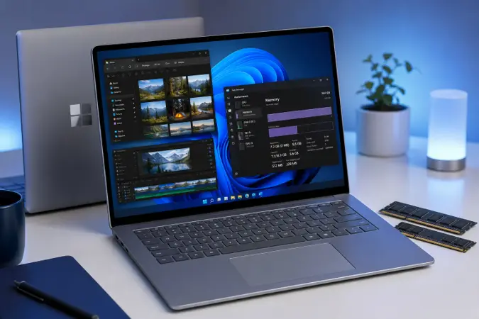 A Windows 11 laptop displaying multiple active application windows beside a RAM module, with the Microsoft logo visible on the laptop lid.