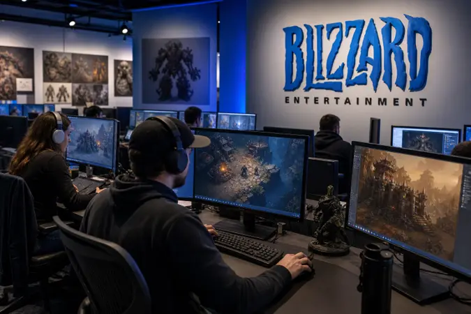 Blizzard Entertainment studio workspace with fantasy game imagery on monitors and the Blizzard logo on a wall.
