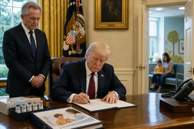 An editorial illustration of an Oval Office vaccine-policy signing meeting with vaccination materials on a desk and a paediatric clinic visible in the background.