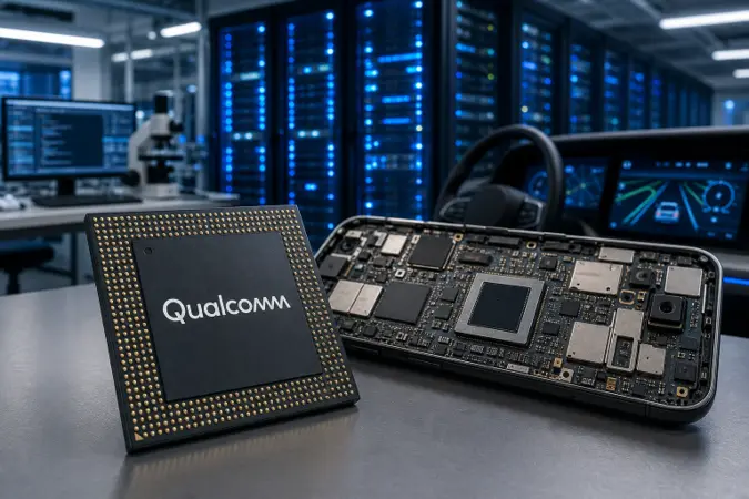 A Qualcomm-branded semiconductor chip on a desk beside a smartphone circuit board and illuminated data-centre server racks.
