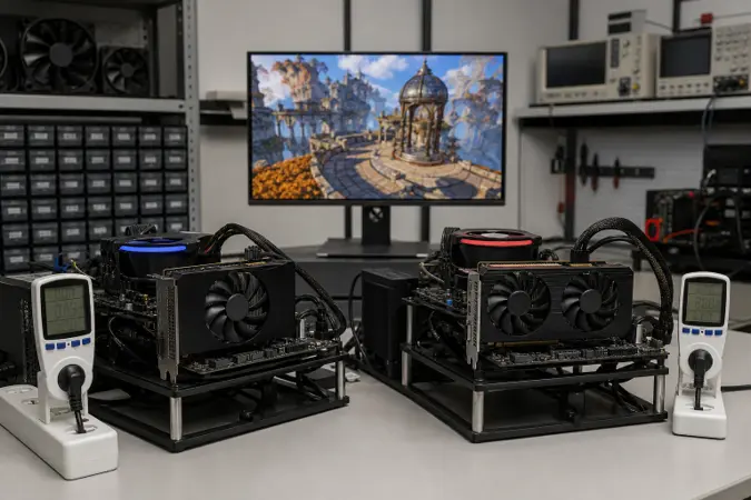 Two compact graphics cards installed in an open desktop PC test bench beside a monitor displaying a benchmark scene.