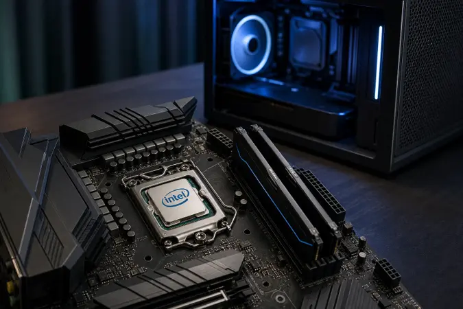 An Intel desktop processor on a motherboard beside two memory modules, with a compact gaming PC in the background.