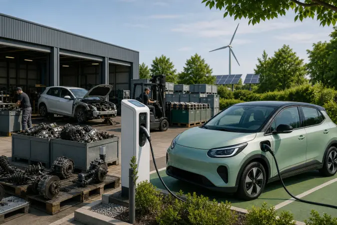 A recently manufactured petrol car at an automotive recycling facility beside a compact electric car connected to a charging point.