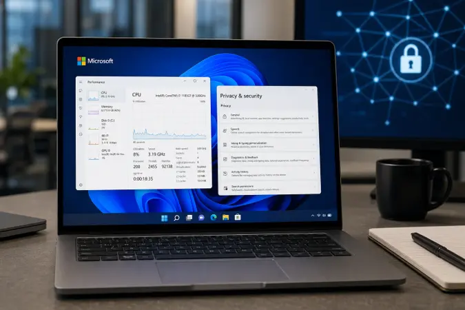 A Windows 11 laptop showing a performance diagnostic panel beside a privacy settings screen, with the Microsoft logo visible in a modern office.