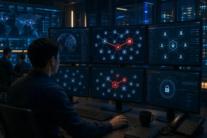 A security analyst monitors a network map showing connected AI agent nodes and an isolated alert path on multiple screens.