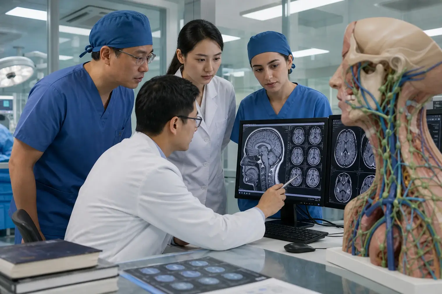 A neurosurgical research team reviewing brain scans and a neck lymphatic anatomy model in a modern Chinese hospital laboratory.