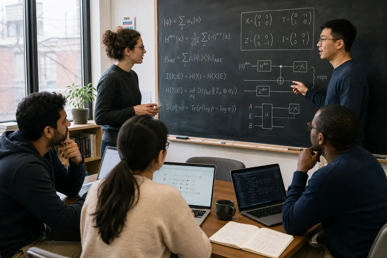 Researchers reviewing quantum cryptography equations and proof diagrams on a blackboard and computer screens in a university office.