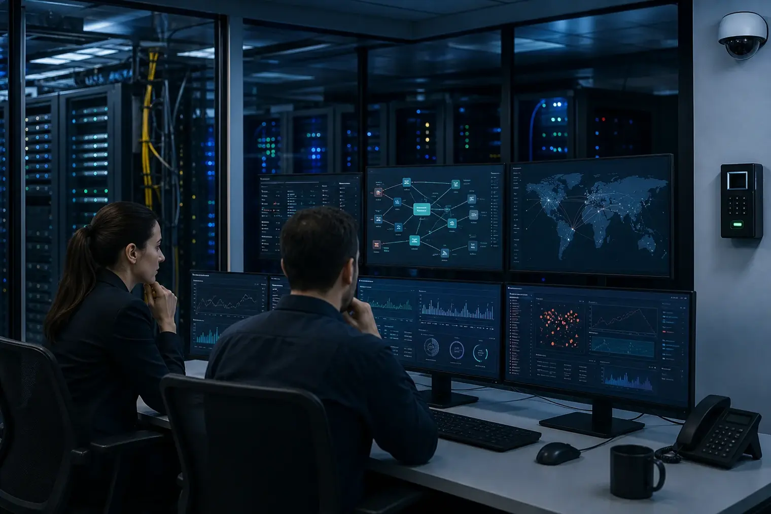 A secure data-centre operations room showing isolated server racks, network segmentation displays and security analysts reviewing alerts.