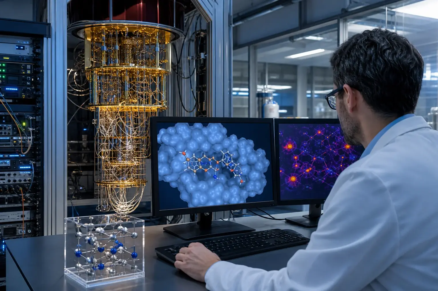 A cryogenic quantum-computing laboratory beside a workstation displaying a protein structure and a magnetic crystal simulation.